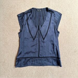 Zara Blue Fitted Cap Sleeve Pleated Blouse